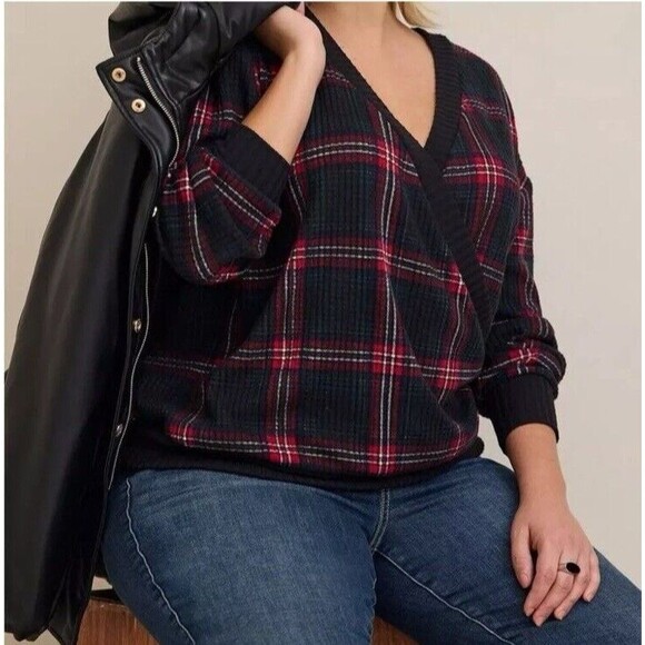 Torrid Tops - Torrid Plus 1X Plaid Waffle Knit Surplice V-Neck Top Red Black Long Sleeve